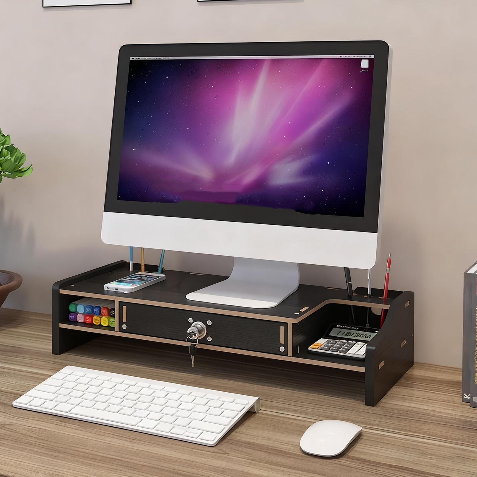 Monitor Riser Wood - ขาตั้งจอภาพสำหรับโต๊ะทำงาน ชั้นวางของบนโต๊ะทำงานไม้ พร้อมลิ้นชัก ที่วางจอคอมพิวเตอร์ไม้ สำหรับแล็ปท็อป เครื่องพิมพ์