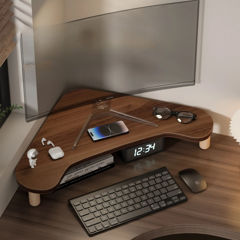 Monitor Riser Wood - ขาตั้งคอมพิวเตอร์แบบมุม, แท่นวางจอภาพทรงสามเหลี่ยมสำหรับโต๊ะทำงาน, อุปกรณ์จัดระเบียบประหยัดพื้นที่พร้อมที่เก็บของ, ปรับได้สำหรับหน้าจอขนาด 17-32 นิ้ว