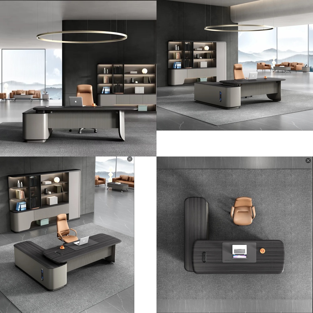 Work Desk Home Setup - โต๊ะทำงานผู้บริหารรูปตัว L สไตล์โมเดิร์นหรูหรา พร้อมโต๊ะข้าง สำหรับโฮมออฟฟิศ สถานที่ทำงานที่บ้าน