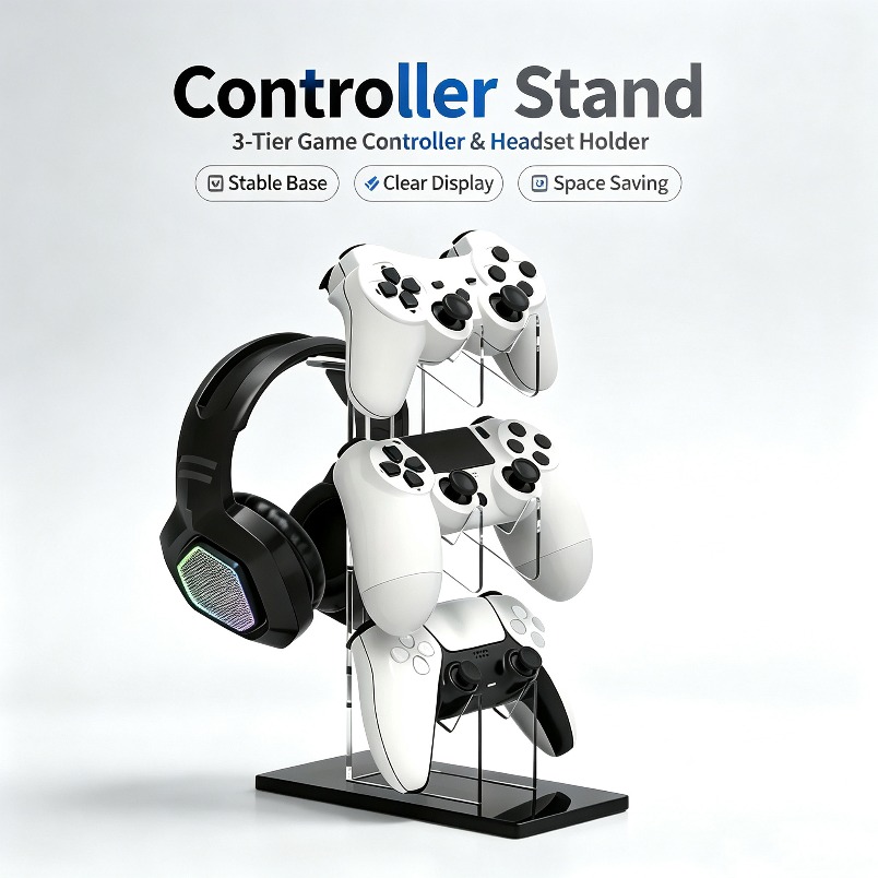 Desk Setup Game - ที่วางคอนโทรลเลอร์พร้อมที่แขวนหูฟัง ชั้นวางเก็บของสำหรับเกม 3 ชั้น ชั้นวางโชว์บนโต๊ะที่แข็งแรงสำหรับจัดวางเครื่องเล่น PS5