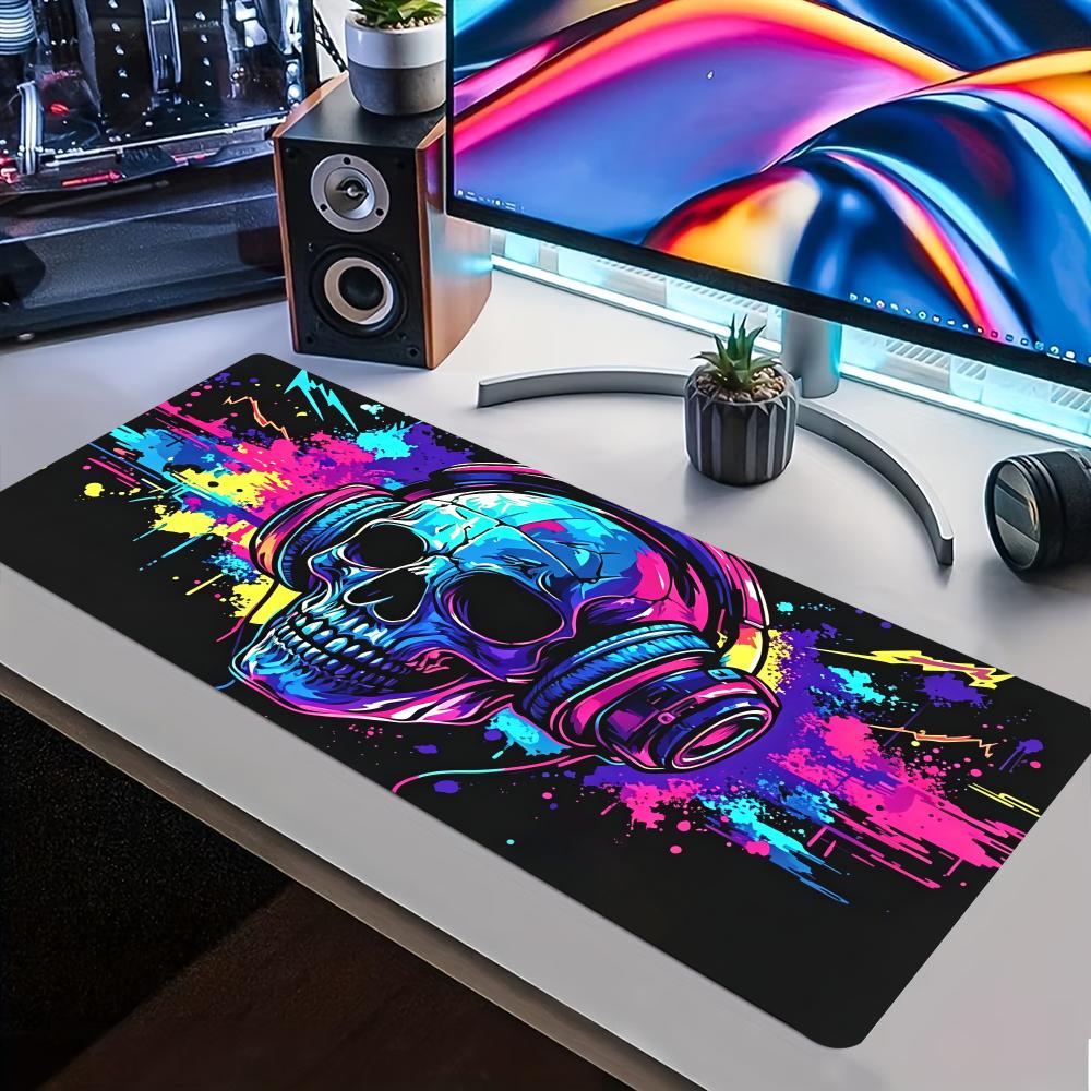 Desk Setup Headphones - แผ่นรองเมาส์เกมมิ่งขนาดใหญ่ลายหัวกะโหลกนีออน พื้นผิวกันลื่น พิมพ์ลายกราฟฟิตี้พังก์ร็อกสีสันสดใสสำหรับการตั้งค่าเกม