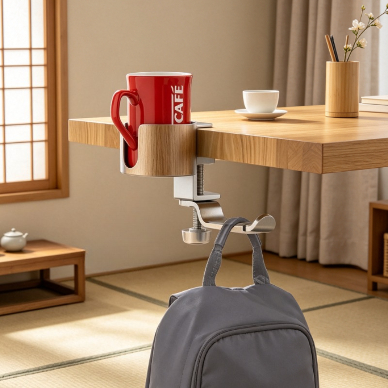 Desk Setup Headphones - ที่วางแก้วแบบหมุนได้ระดับพรีเมียม ที่ยึดติดโต๊ะอะลูมิเนียมพร้อมตะขอแขวนหูฟัง 360 องศา ° หมุนได้