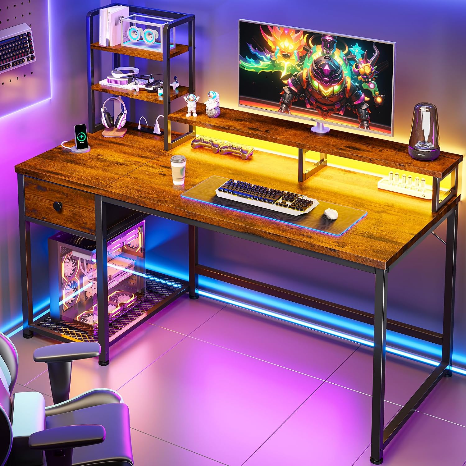 Desk Setup In Small Bedroom - โต๊ะคอมพิวเตอร์ขนาดเล็กพร้อมตู้เก็บของและชั้นวางของสำหรับห้องนอนวัยรุ่น ใช้สำหรับการเล่นเกม ขนาด 44 นิ้ว สีน้ำตาล