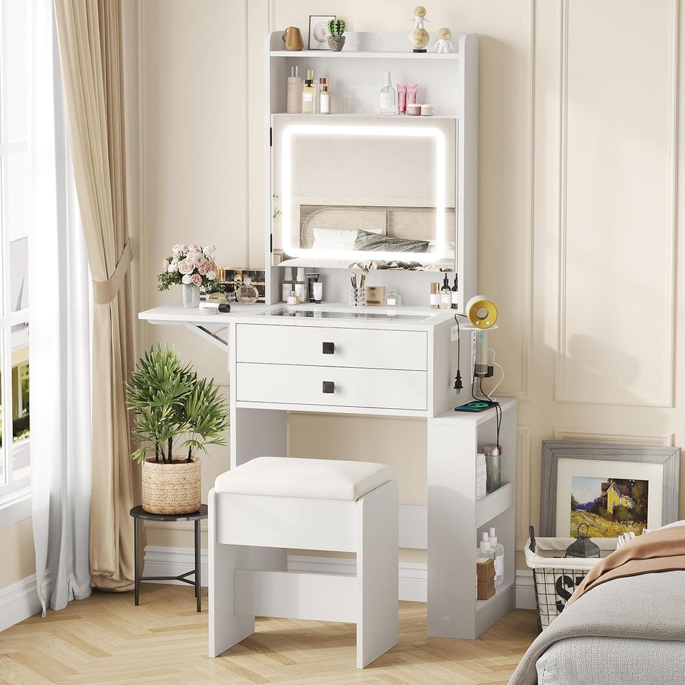 Desk Setup In Small Bedroom - โต๊ะเครื่องแป้งขนาดเล็ก Vabches พร้อมแผงลายวินเทจ ชุดโต๊ะเครื่องแป้งสีขาว | โต๊ะกระจกพร้อมกระจกมีไฟปรับระดับได้