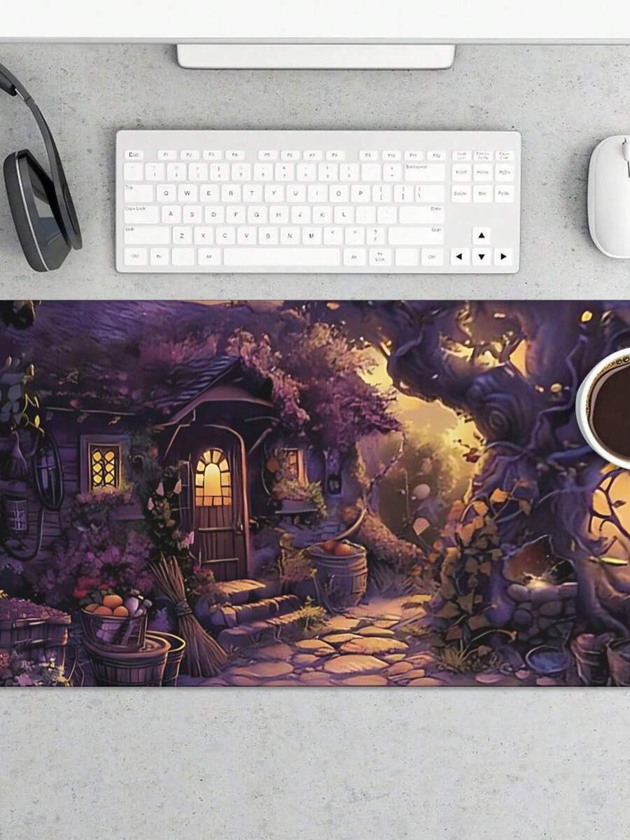 Work Desk Home Setup - แผ่นรองเมาส์สำหรับเล่นเกมขนาดใหญ่พร้อมดีไซน์กระท่อมแฟนตาซี แผ่นรองโต๊ะฐานยางกันลื่นสำหรับสำนักงาน บ้าน และการจัดวางอุปกรณ์ทำงาน