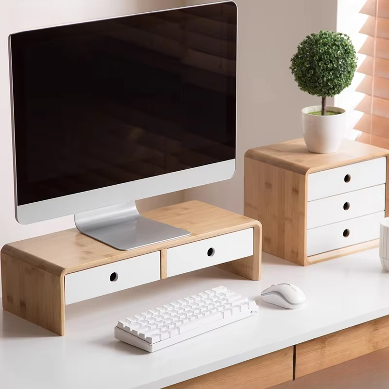 Monitor Riser Wood - แท่นวางจอแล็ปท็อปไม้ไผ่ ที่วางของบนโต๊ะทำงานแบบเป็นมิตรกับสิ่งแวดล้อม พร้อมลิ้นชัก สำหรับการจัดวางโต๊ะทำงานที่บ้าน ขาตั้งไม้